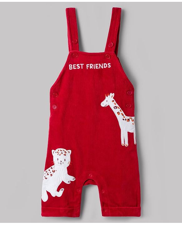 Babyhug Single Jersey Knit Half Sleeves T-Shirt & Dungarees with Jungle Safari Theme Print & Embroidery - Maroon
