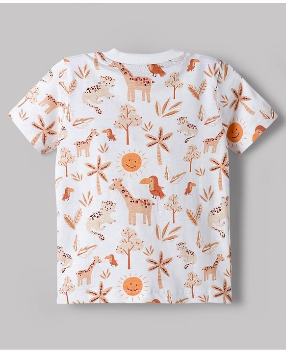 Babyhug Single Jersey Knit Half Sleeves T-Shirt & Dungarees with Jungle Safari Theme Print & Embroidery - Maroon