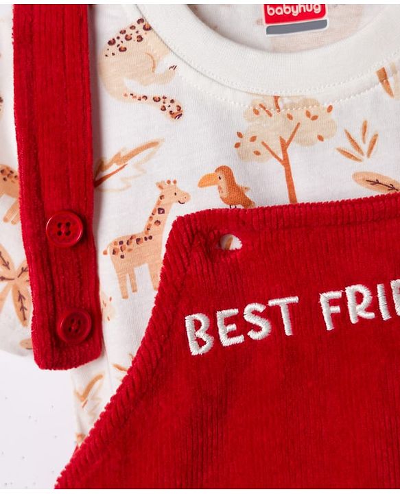 Babyhug Single Jersey Knit Half Sleeves T-Shirt & Dungarees with Jungle Safari Theme Print & Embroidery - Maroon