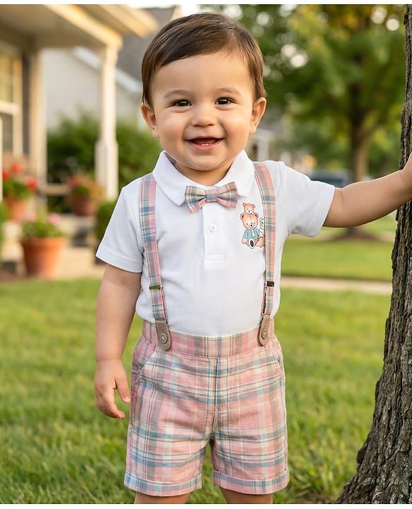 Babyhug Single Jersey Knit Half Sleeves Teddy Bear Printed Polo T-Shirt & Checks Shorts Set With Bow Applique & Suspender - White