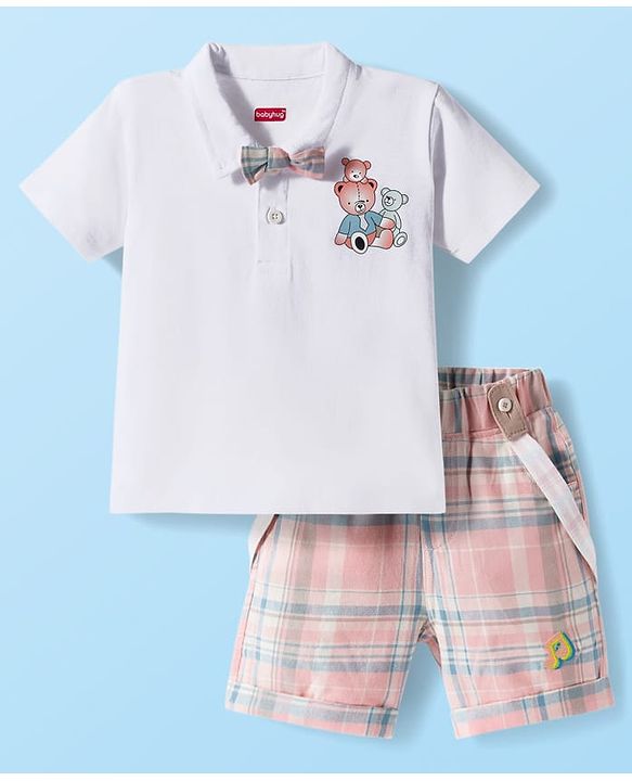 Babyhug Single Jersey Knit Half Sleeves Teddy Bear Printed Polo T-Shirt & Checks Shorts Set With Bow Applique & Suspender - White