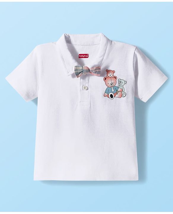 Babyhug Single Jersey Knit Half Sleeves Teddy Bear Printed Polo T-Shirt & Checks Shorts Set With Bow Applique & Suspender - White