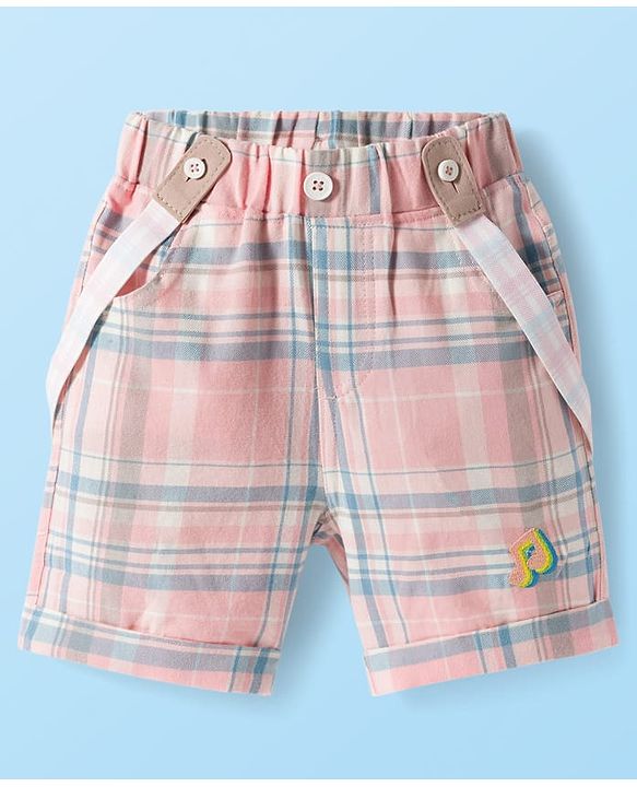 Babyhug Single Jersey Knit Half Sleeves Teddy Bear Printed Polo T-Shirt & Checks Shorts Set With Bow Applique & Suspender - White