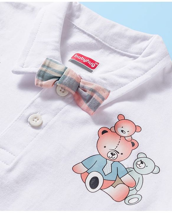 Babyhug Single Jersey Knit Half Sleeves Teddy Bear Printed Polo T-Shirt & Checks Shorts Set With Bow Applique & Suspender - White
