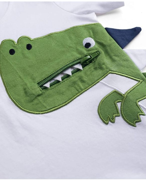 Babyhug 100% Cotton Knit Half Sleeves Dino Printed T-Shirt & Shorts Set - White & Green