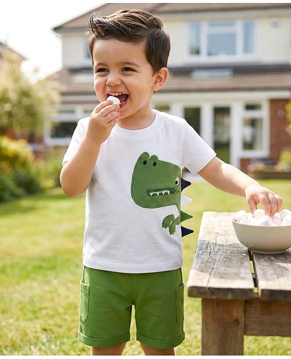 Babyhug 100% Cotton Knit Half Sleeves Dino Printed T-Shirt & Shorts Set - White & Green