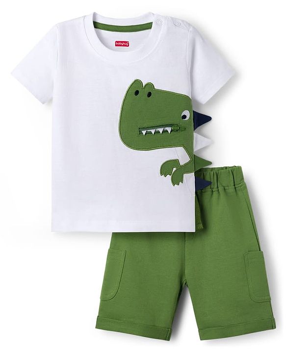 Babyhug 100% Cotton Knit Half Sleeves Dino Printed T-Shirt & Shorts Set - White & Green