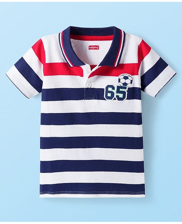 Babyhug Single Jersey Knit Half Sleeves Striped Polo T-Shirt & Shorts Set - Red