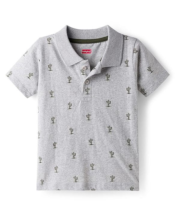 Babyhug 100% Cotton Half Sleeves Cactus Printed Polo T-Shirt & Short Set - Grey & Dark Green