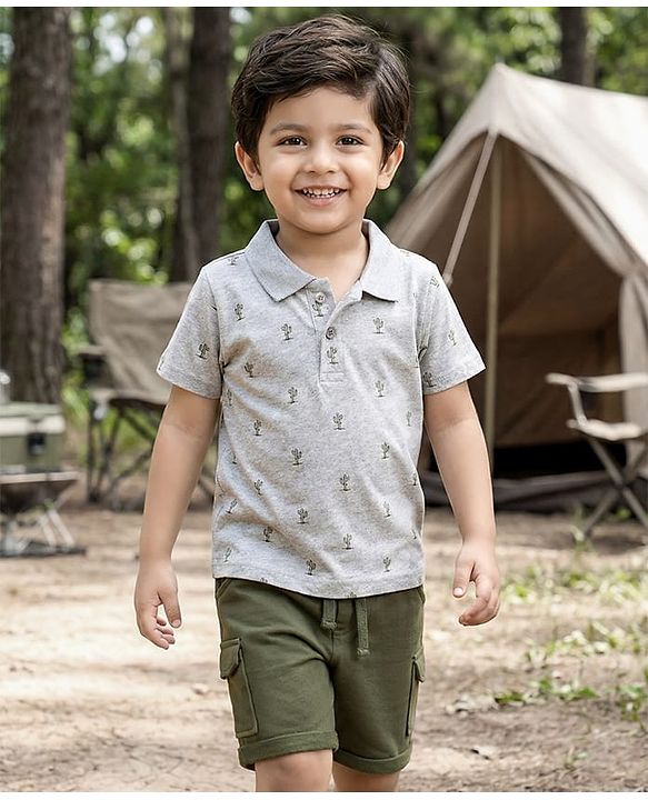 Babyhug 100% Cotton Half Sleeves Cactus Printed Polo T-Shirt & Short Set - Grey & Dark Green