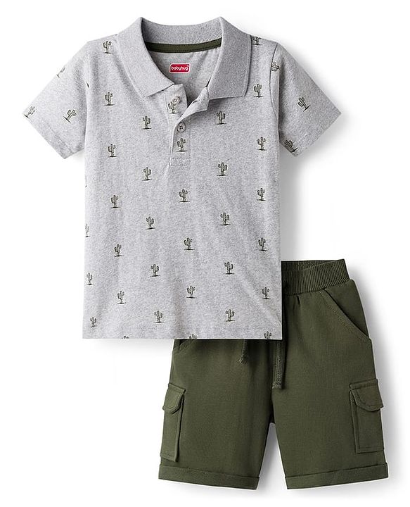 Babyhug 100% Cotton Half Sleeves Cactus Printed Polo T-Shirt & Short Set - Grey & Dark Green