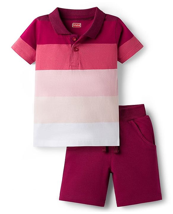 Babyhug Single Jersey Knit Half Sleeves Striped Polo T-Shirt & Shorts Set - Maroon