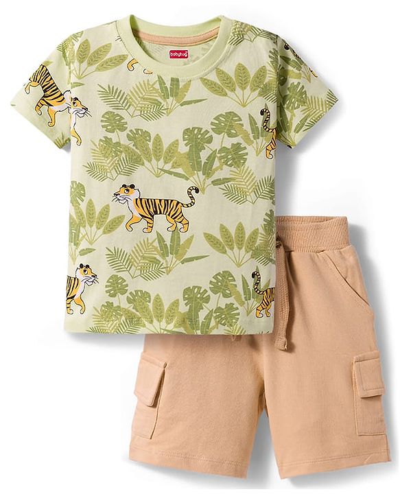 Babyhug Single Jersey Knit Half Sleeves T-Shirt & Shorts Set With Tiger Print - Multicolor