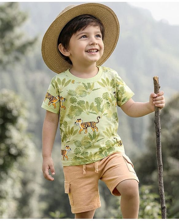 Babyhug Single Jersey Knit Half Sleeves T-Shirt & Shorts Set With Tiger Print - Multicolor