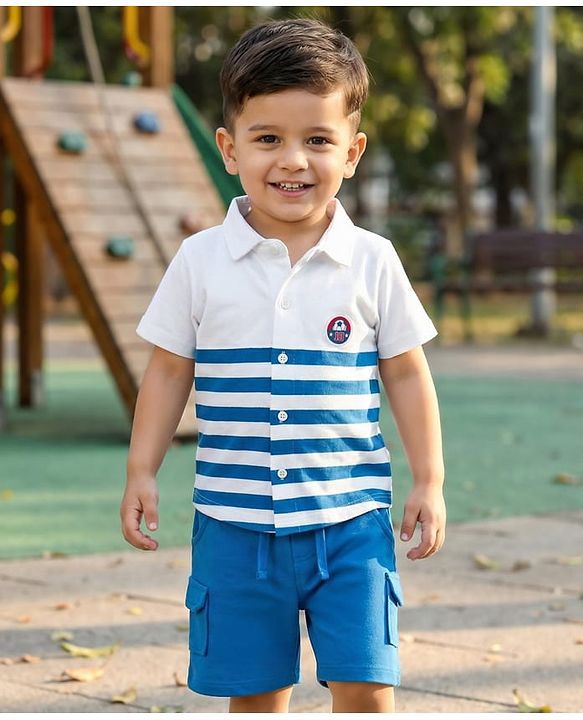 Babyhug Single Jersey Knit Half Sleeves Striped Shirt & Shorts Set - Blue