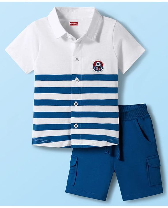 Babyhug Single Jersey Knit Half Sleeves Striped Shirt & Shorts Set - Blue