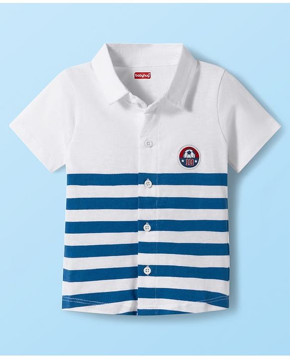 Babyhug Single Jersey Knit Half Sleeves Striped Shirt & Shorts Set - Blue