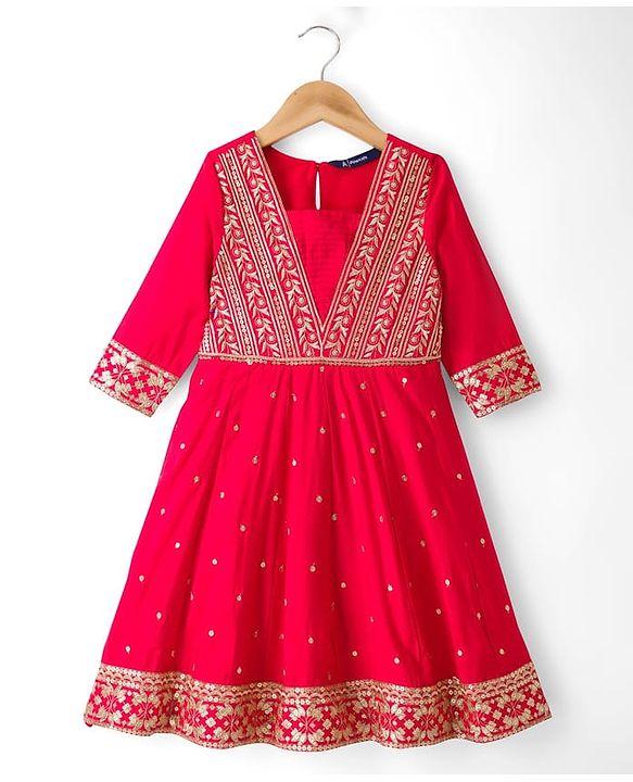 Pine Kids Woven Three Fourth Sleeves Kurti Churidar Set With Floral Embroidery & Dupatta - Fuchsia