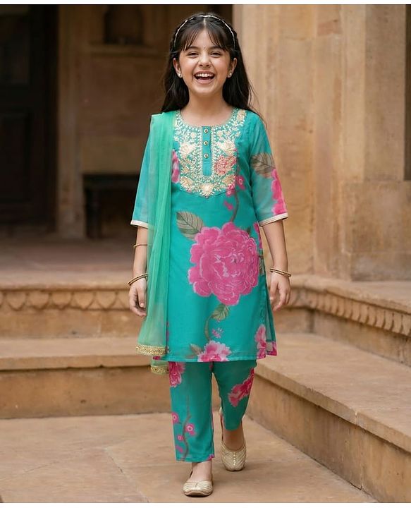 Pine Kids Woven Full Sleeves Floral Printed & Embroidered Kurti & Chudidar Set With Dupatta - Sea Green