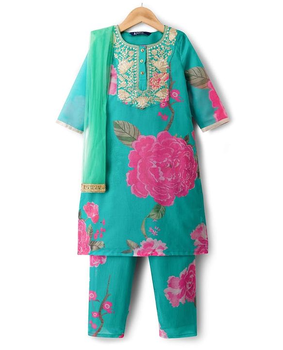 Pine Kids Woven Full Sleeves Floral Printed & Embroidered Kurti & Chudidar Set With Dupatta - Sea Green