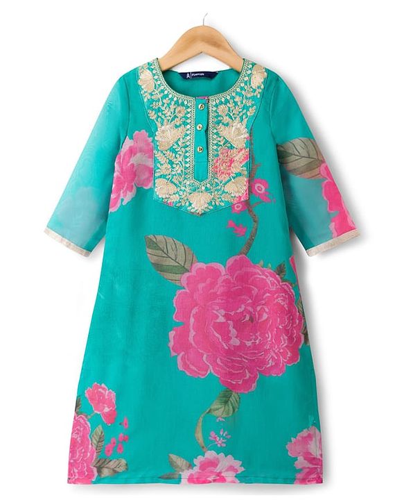 Pine Kids Woven Full Sleeves Floral Printed & Embroidered Kurti & Chudidar Set With Dupatta - Sea Green