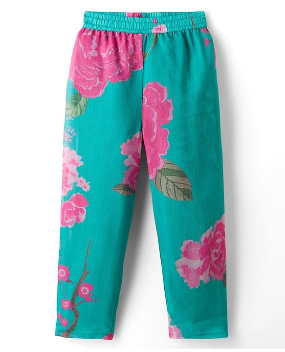 Pine Kids Woven Full Sleeves Floral Printed & Embroidered Kurti & Chudidar Set With Dupatta - Sea Green