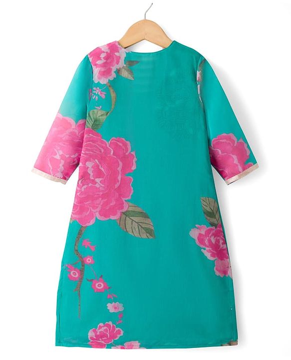 Pine Kids Woven Full Sleeves Floral Printed & Embroidered Kurti & Chudidar Set With Dupatta - Sea Green