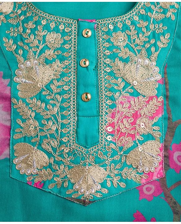 Pine Kids Woven Full Sleeves Floral Printed & Embroidered Kurti & Chudidar Set With Dupatta - Sea Green