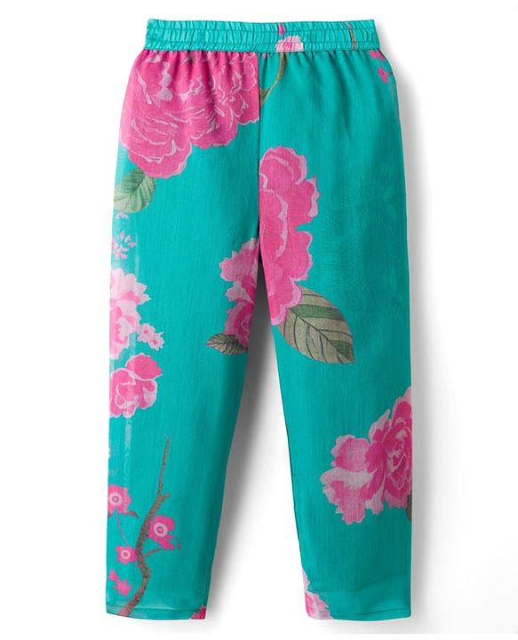 Pine Kids Woven Full Sleeves Floral Printed & Embroidered Kurti & Chudidar Set With Dupatta - Sea Green