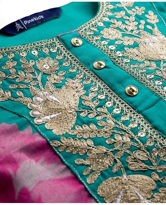 Pine Kids Woven Full Sleeves Floral Printed & Embroidered Kurti & Chudidar Set With Dupatta - Sea Green