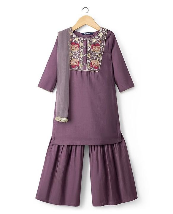 Pine Kids Woven Full Sleeves Kurti Gharara Set with Dupatta & Floral Embroidery - Purple