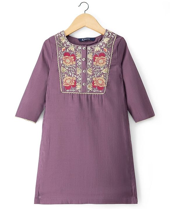 Pine Kids Woven Full Sleeves Kurti Gharara Set with Dupatta & Floral Embroidery - Purple
