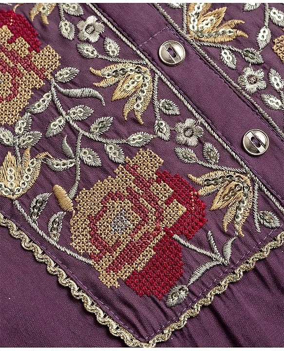 Pine Kids Woven Full Sleeves Kurti Gharara Set with Dupatta & Floral Embroidery - Purple