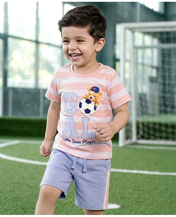 Babyhug Single Jersey Knit Half Sleeves Striped T-Shirt & Shorts Set With Goal Print - Multicolor