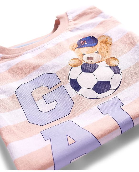 Babyhug Single Jersey Knit Half Sleeves Striped T-Shirt & Shorts Set With Goal Print - Multicolor