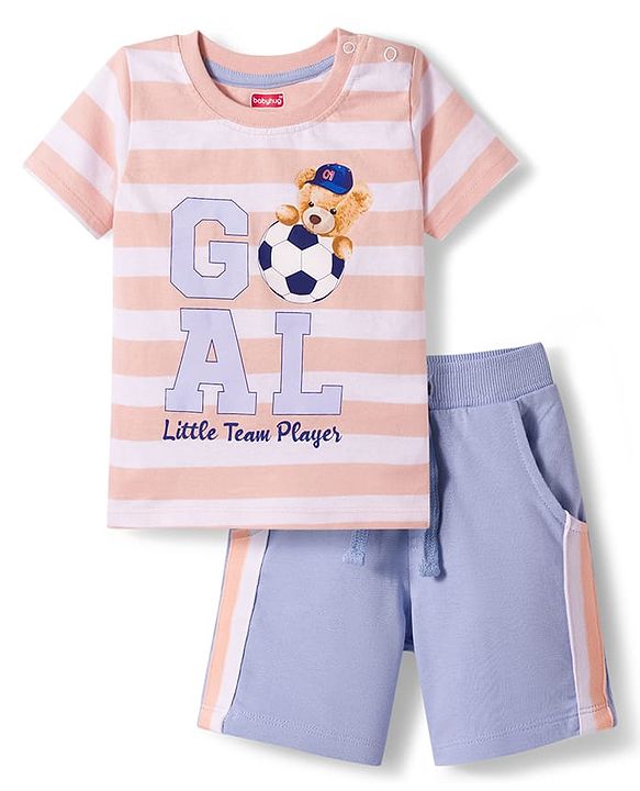 Babyhug Single Jersey Knit Half Sleeves Striped T-Shirt & Shorts Set With Goal Print - Multicolor