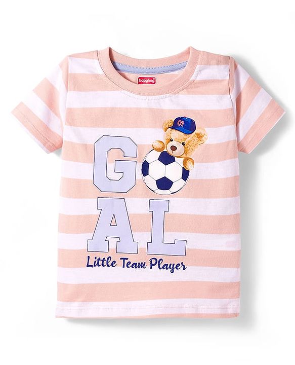 Babyhug Single Jersey Knit Half Sleeves Striped T-Shirt & Shorts Set With Goal Print - Multicolor
