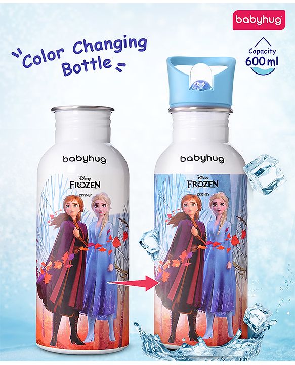 Babyhug Disney Frozen Theme Stainless Steel Color Changing Magic Bottle Multicolor - 600ml| Leak Resistant| BPA Free| Rust Proof| Food Grade 304 SS| Soft Silicone Spout