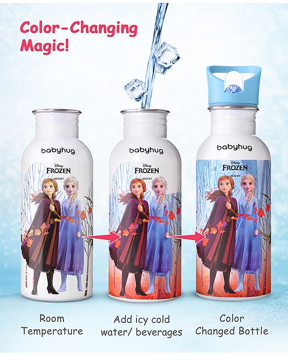 Babyhug Disney Frozen Theme Stainless Steel Color Changing Magic Bottle Multicolor - 600ml| Leak Resistant| BPA Free| Rust Proof| Food Grade 304 SS| Soft Silicone Spout