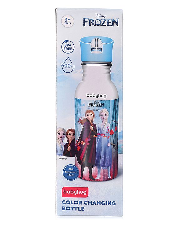 Babyhug Disney Frozen Theme Stainless Steel Color Changing Magic Bottle Multicolor - 600ml| Leak Resistant| BPA Free| Rust Proof| Food Grade 304 SS| Soft Silicone Spout