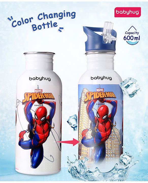 Babyhug Marvel SpiderMan Theme Stainless Steel Color Changing Magic Bottle Multicolor - 600ml| Leak Resistant| BPA Free| Rust Proof| Food Grade 304 SS| Soft Silicone Spout
