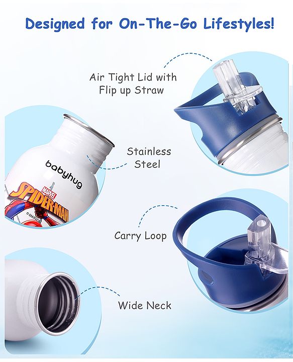 Babyhug Marvel SpiderMan Theme Stainless Steel Color Changing Magic Bottle Multicolor - 600ml| Leak Resistant| BPA Free| Rust Proof| Food Grade 304 SS| Soft Silicone Spout