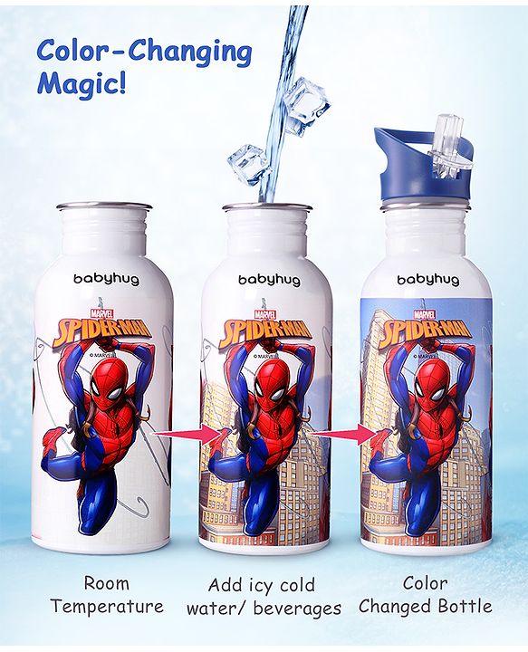 Babyhug Marvel SpiderMan Theme Stainless Steel Color Changing Magic Bottle Multicolor - 600ml| Leak Resistant| BPA Free| Rust Proof| Food Grade 304 SS| Soft Silicone Spout