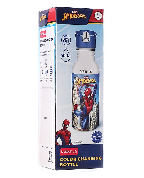 Babyhug Marvel SpiderMan Theme Stainless Steel Color Changing Magic Bottle Multicolor - 600ml| Leak Resistant| BPA Free| Rust Proof| Food Grade 304 SS| Soft Silicone Spout