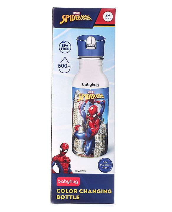 Babyhug Marvel SpiderMan Theme Stainless Steel Color Changing Magic Bottle Multicolor - 600ml| Leak Resistant| BPA Free| Rust Proof| Food Grade 304 SS| Soft Silicone Spout