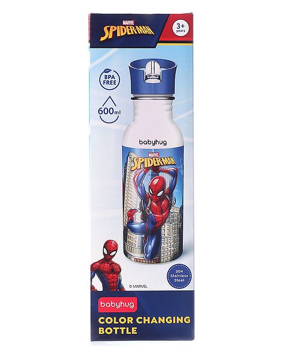 Babyhug Marvel SpiderMan Theme Stainless Steel Color Changing Magic Bottle Multicolor - 600ml| Leak Resistant| BPA Free| Rust Proof| Food Grade 304 SS| Soft Silicone Spout
