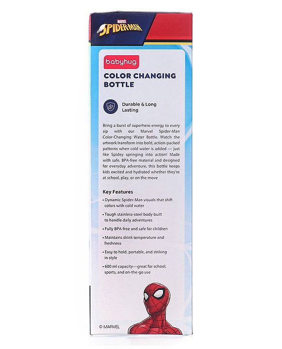 Babyhug Marvel SpiderMan Theme Stainless Steel Color Changing Magic Bottle Multicolor - 600ml| Leak Resistant| BPA Free| Rust Proof| Food Grade 304 SS| Soft Silicone Spout