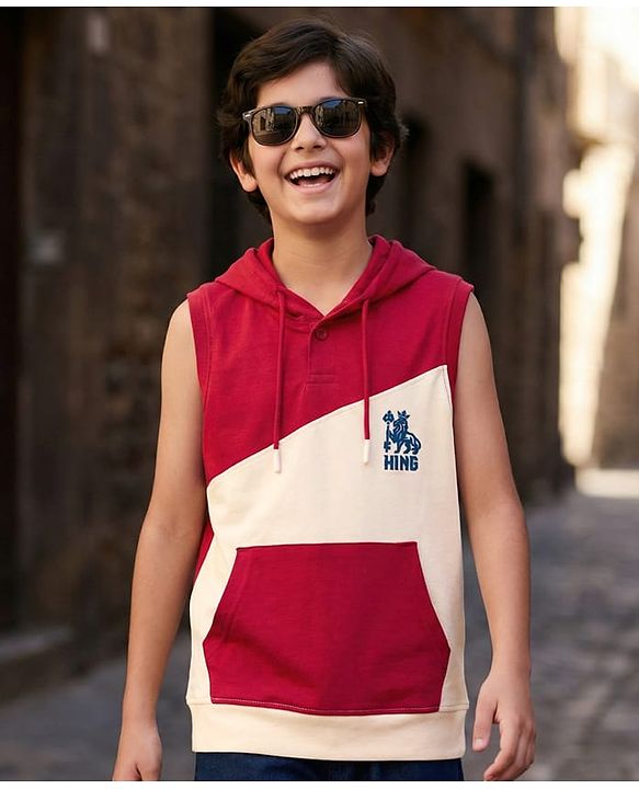 Pine Kids 100% Cotton Knit Sleeveless Hooded T-Shirt With Kangaroo Pockets - Red