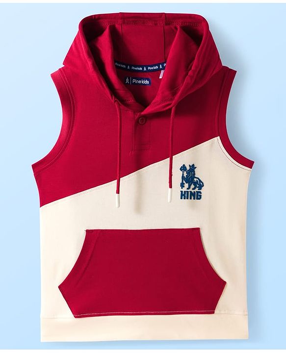 Pine Kids 100% Cotton Knit Sleeveless Hooded T-Shirt With Kangaroo Pockets - Red