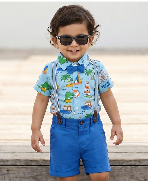 Babyhug Single Jersey Knit Half Sleeves Nautical Theme Printed Shirt & Shorts Set With Bow Applique & Suspender - Multicolor